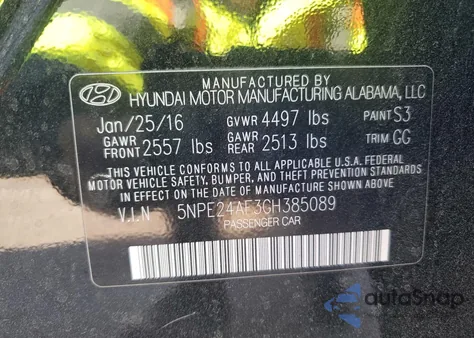2016 Hyundai Sonata Se z USA, uszkodzony, nr VIN 5NPE24AF3GH385089